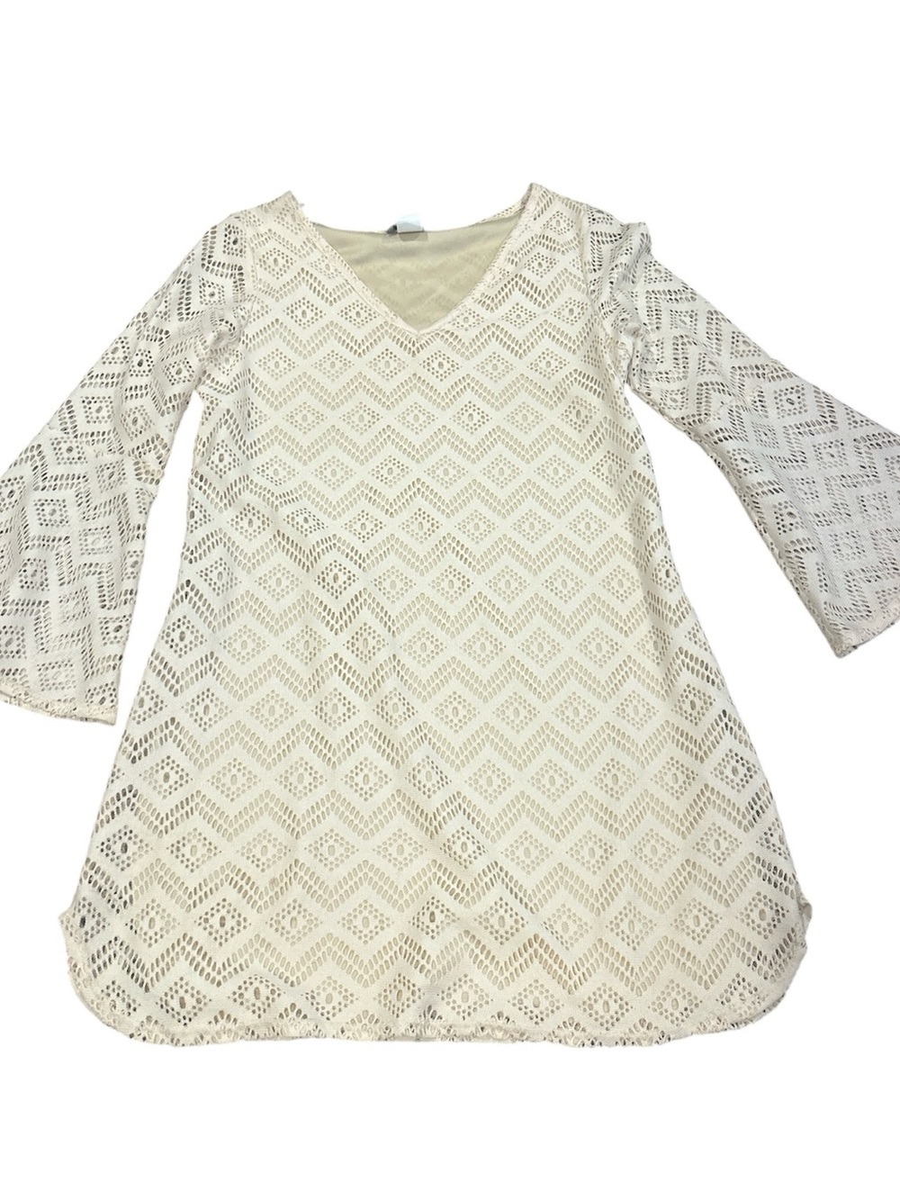 Urban Rose Ivory Geometric Lace Bell Sleeve Mini Dress Tunic Size L Boho